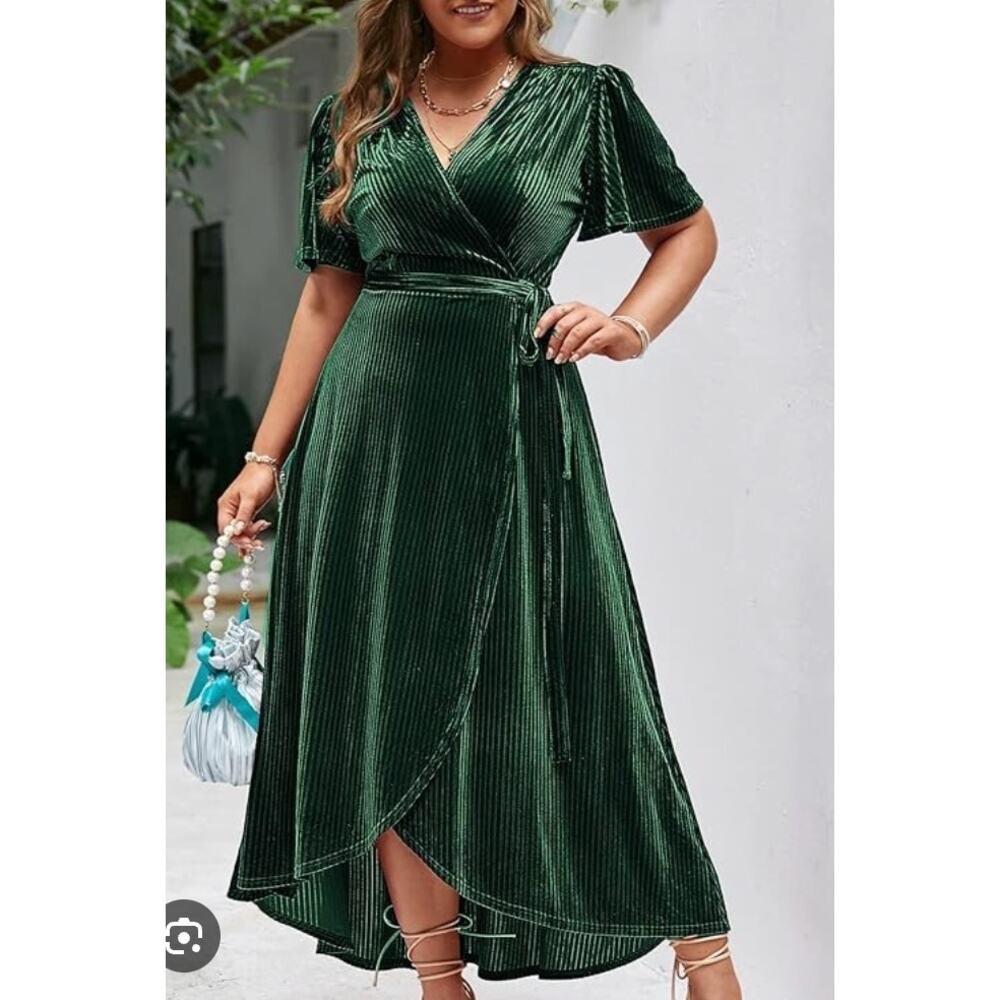 L Simplee velvet stretchy emerald green short sleeve true wrap maxi long dress